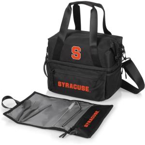 PICNIC TIME NCAA Oklahoma Sooners Tarana Lunch Bag Cooler with Utensils Made from Recycled Material, Lunch Box with Picnic Set, Upcycled Lunch Cooler Bag, (Carbon Black)(Syracuse Orange)