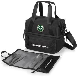 PICNIC TIME NCAA Oklahoma Sooners Tarana Lunch Bag Cooler with Utensils Made from Recycled Material, Lunch Box with Picnic Set, Upcycled Lunch Cooler Bag, (Carbon Black)(Colorado State Rams)