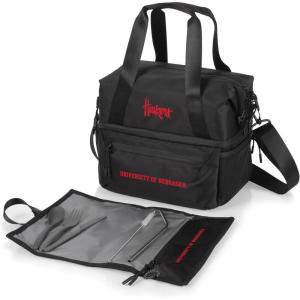 PICNIC TIME NCAA Oklahoma Sooners Tarana Lunch Bag Cooler with Utensils Made from Recycled Material, Lunch Box with Picnic Set, Upcycled Lunch Cooler Bag, (Carbon Black)(Nebraska Cornhuskers)