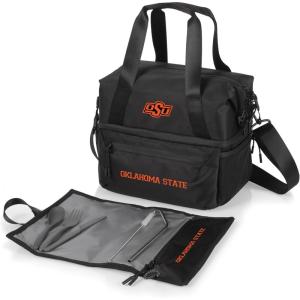 PICNIC TIME NCAA Oklahoma Sooners Tarana Lunch Bag Cooler with Utensils Made from Recycled Material, Lunch Box with Picnic Set, Upcycled Lunch Cooler Bag, (Carbon Black)(Oklahoma State Cowboys)