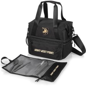 PICNIC TIME NCAA Oklahoma Sooners Tarana Lunch Bag Cooler with Utensils Made from Recycled Material, Lunch Box with Picnic Set, Upcycled Lunch Cooler Bag, (Carbon Black)(West Point Black Knights)