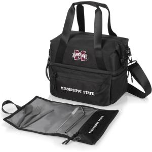 PICNIC TIME NCAA Oklahoma Sooners Tarana Lunch Bag Cooler with Utensils Made from Recycled Material, Lunch Box with Picnic Set, Upcycled Lunch Cooler Bag, (Carbon Black)(Mississippi State Bulldogs)