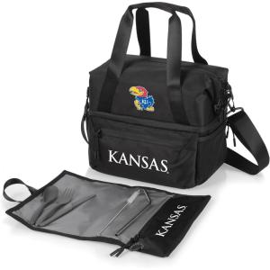 PICNIC TIME NCAA Oklahoma Sooners Tarana Lunch Bag Cooler with Utensils Made from Recycled Material, Lunch Box with Picnic Set, Upcycled Lunch Cooler Bag, (Carbon Black)(Kansas Jayhawks)