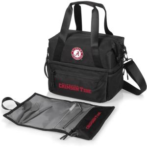 PICNIC TIME NCAA Oklahoma Sooners Tarana Lunch Bag Cooler with Utensils Made from Recycled Material, Lunch Box with Picnic Set, Upcycled Lunch Cooler Bag, (Carbon Black)(Alabama Crimson Tide)