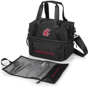 PICNIC TIME NCAA Oklahoma Sooners Tarana Lunch Bag Cooler with Utensils Made from Recycled Material, Lunch Box with Picnic Set, Upcycled Lunch Cooler Bag, (Carbon Black)(Washington State Cougars)