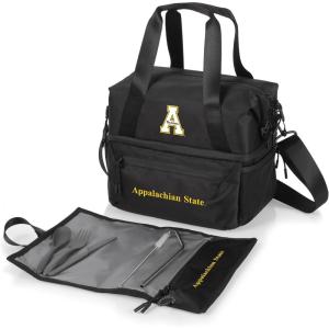 PICNIC TIME NCAA Oklahoma Sooners Tarana Lunch Bag Cooler with Utensils Made from Recycled Material, Lunch Box with Picnic Set, Upcycled Lunch Cooler Bag, (Carbon Black)(App State Mountaineers)