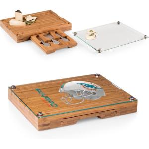 PICNIC TIME NFL Concerto Glass Top Cheese Board and Knife Set – Charcuterie Board Set – Glass Top Cutting Board, (Bamboo)(Miami Dolphins)