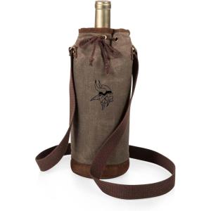 PICNIC TIME NFL Distressed Waxed Canvas Wine Tote, Single Bottle Insulated Bag, Bottle Carrier, Wine Gift Bag, Khaki Green(Minnesota Vikings)
