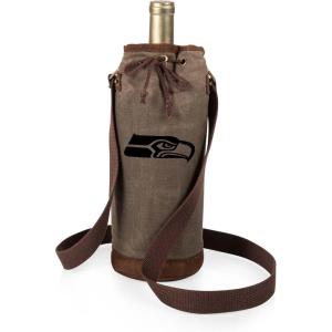 PICNIC TIME NFL Distressed Waxed Canvas Wine Tote, Single Bottle Insulated Bag, Bottle Carrier, Wine Gift Bag, Khaki Green(Seattle Seahawks)