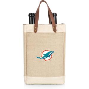PICNIC TIME NFL Pinot – Jute 2 Bottle Insulated Wine Bag – Wine Tote Bag – Wine Gift Bag, (Beige)(Miami Dolphins)