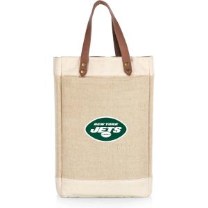 PICNIC TIME NFL Pinot – Jute 2 Bottle Insulated Wine Bag – Wine Tote Bag – Wine Gift Bag, (Beige)(New York Jets)
