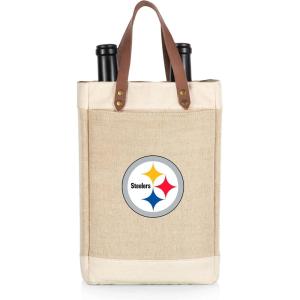 PICNIC TIME NFL Pinot – Jute 2 Bottle Insulated Wine Bag – Wine Tote Bag – Wine Gift Bag, (Beige)(Pittsburgh Steelers)
