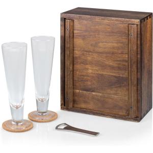 PICNIC TIME Pilsner Craft Beer Set, Beer Glasses Set, Gifts for Men, Bar Glasses Drinking Set with Beautiful Wood Case, Removable Panel Door and Form-fitting Interior for Home and Bar, (Acacia Wood)