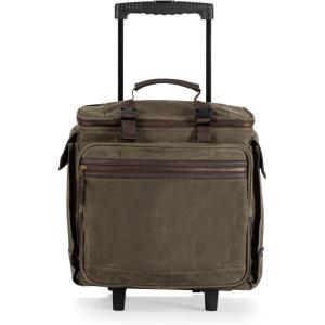PICNIC TIME Somm – 12 Bottle Insulated Waxed Canvas Wine Bag with Rolling Cart, (Khaki Green with Brown Accents)