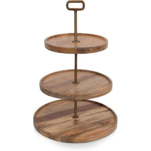 PICNIC TIME Tapas 3-Tiered Serving Tray, Caribbean Walnut Cupcake Stand, Wooden Cheese Board, (Mango Wood)