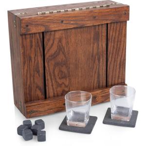 PICNIC TIME Whiskey Box Gift Set, Whiskey Glasses Drinking Set of 2 with Stones, Portable Mini Bar, Components Securely Displayed with Oak Chest, (Oak Wood)
