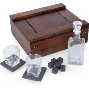 PICNIC TIME Whiskey Box Gift Set with Decanter, Whiskey Glasses Drinking Set of 2 with Stones, Portable Mini Bar, Fathers Day Gift, Components Securely Displayed with Oak Chest, (Oak Wood)