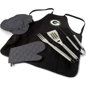 Picnic TIME BBQ Apron Tote Pro Grill Set, (Black with Gray Accents)(Green Bay Packers)