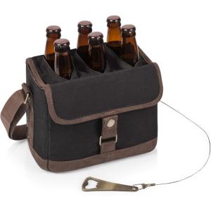 Picnic TIME Beer Caddy with Beer Bottle Opener, 6-Pack Drink Caddy, Beer Cooler Tote, Beer Gifts for Men, (Beige)(Black/Brown)