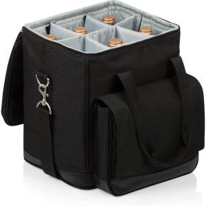 Picnic TIME Cellar 6-Bottle Wine Carrier & Cooler Tote, Insulated Padded Wine Cooler Bag for Travel, Portable Water-Resistant Wine Bag, (Black with Gray Accents)(Cellar 6-bottle Wine Carrier)