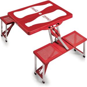 Picnic TIME Coca-Cola Folding Picnic Table with Seats, Collapsible Aluminum Table and Bench Set with Umbrella Hole, Lightweight Portable Table for Camping, Travel, Tailgating, Backyard (Red)(Coca-cola Bottle – Red)