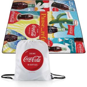 Picnic TIME Coca-Cola Impresa Picnic Blanket, Lightweight Beach Blanket, Machine Washable, (Red and Blue)(Coca-cola Pause Refresh – Red and Blue)