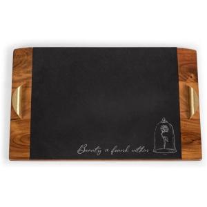 Picnic TIME Disney Mickey Mouse Covina Acacia and Slate Serving Tray, Charcuterie Board Set, Cheese Board, (Acacia Wood & Slate Black with Gold Accents)(Disney the Beauty & the Beast – Acacia Wood & Slate Black)