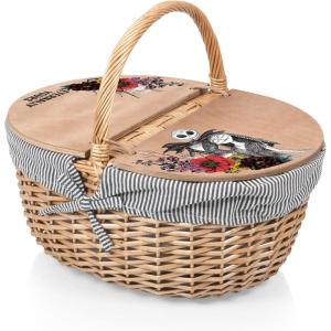 Picnic TIME Disney Winnie The Pooh Country Vintage Picnic Basket with Lid, Wicker Picnic Basket for 2, (Navy Blue & White Stripe)(Disney Nightmare Before Christmas Jack & Sally – Navy Blue & White Stripe)