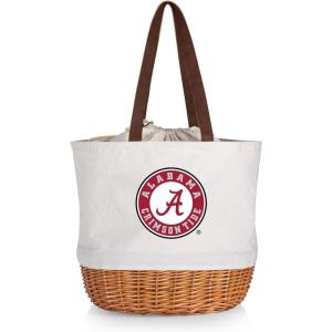 Picnic TIME NCAA Coronado Canvas and Willow Basket Tote, Picnic Tote Bag, Beach Tote, (Beige Canvas)(Alabama Crimson Tide)