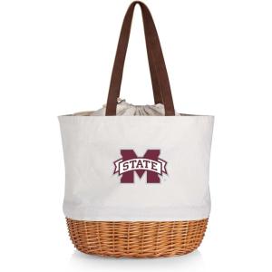 Picnic TIME NCAA Coronado Canvas and Willow Basket Tote, Picnic Tote Bag, Beach Tote, (Beige Canvas)(Mississippi State Bulldogs)