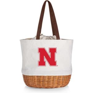 Picnic TIME NCAA Coronado Canvas and Willow Basket Tote, Picnic Tote Bag, Beach Tote, (Beige Canvas)(Nebraska Cornhuskers)