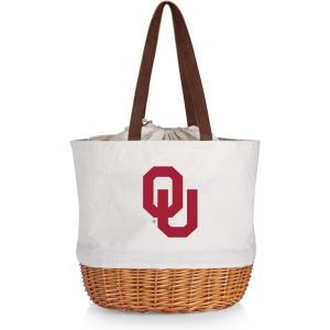 Picnic TIME NCAA Coronado Canvas and Willow Basket Tote, Picnic Tote Bag, Beach Tote, (Beige Canvas)(Oklahoma Sooners)