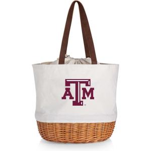 Picnic TIME NCAA Coronado Canvas and Willow Basket Tote, Picnic Tote Bag, Beach Tote, (Beige Canvas)(Texas A&M Aggies)