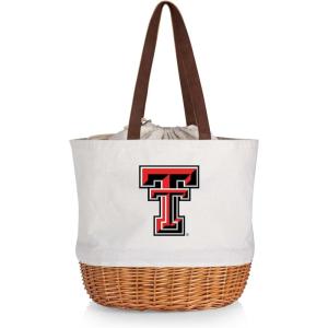 Picnic TIME NCAA Coronado Canvas and Willow Basket Tote, Picnic Tote Bag, Beach Tote, (Beige Canvas)(Texas Tech Red Raiders)