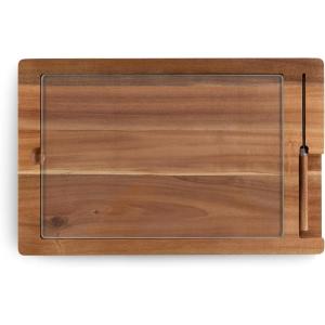 Picnic TIME Ventana Cheese Board and Knife Set, Tempered Glass and Acacia Cheese Boards Charcuterie Boards, Serving Platter, (Acacia Wood)