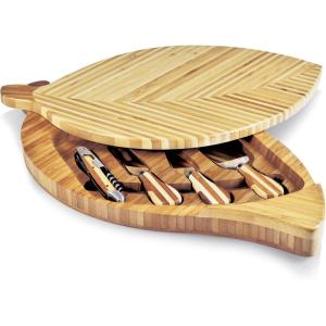 TOSCANA – a Picnic Time brand Leaf Cheese Board & Knife Set, Charcuterie Board Set, Wood Cutting Board with Cheese Knives, (Bamboo),Brown