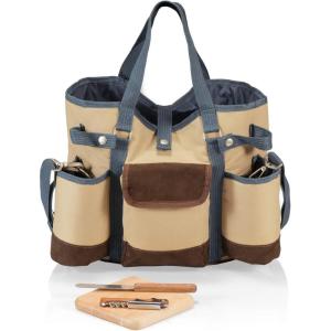 Wine Country Tote – Wine & Cheese Picnic Tote, (Beige Canvas with Navy Blue & Brown Accents)(Tan/Blue)