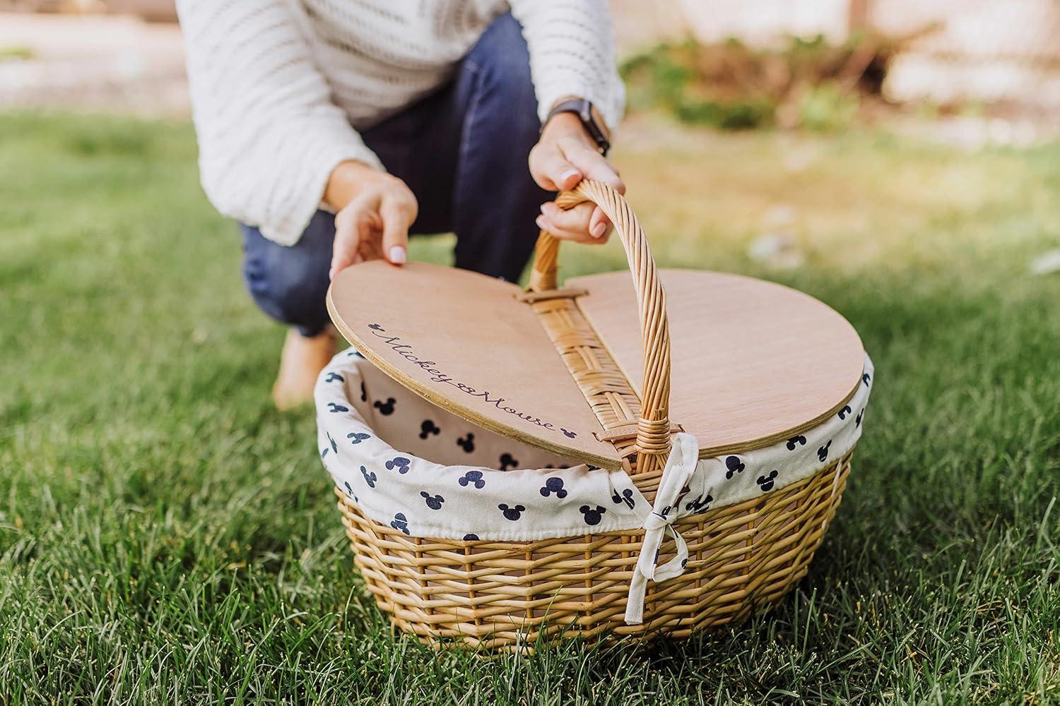 image:imagePicnic TIME Disney Nightmare Before Christmas Jack amp Sally Country Vintage Picnic Basket with Lid Wicker Picnic Basket for 2 Navy Blue amp White StripeDisney Mickey Mouse Cream With Navy Blue Pattern