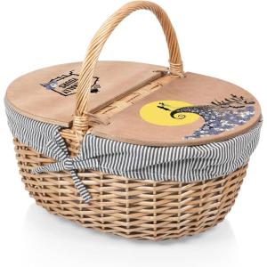 Picnic TIME Disney Nightmare Before Christmas Jack & Sally Country Vintage Picnic Basket with Lid, Wicker Picnic Basket for 2, (Navy Blue & White Stripe)(Disney Nightmare Before Christmas Jack & Sally – Navy Blue and White Stripe)