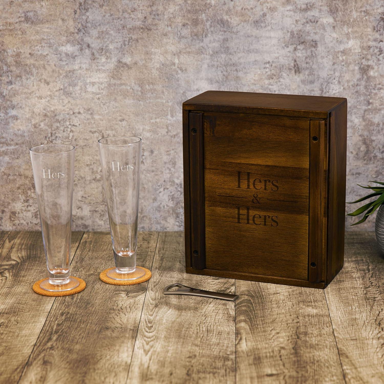 image:imageLEGACY Hers and Hers Pilsner Craft Beer Set with 2 Beer Glasses Personalized Couples Gift For Beer Lovers Wedding and Anniversary Gift Acacia WoodHers and He