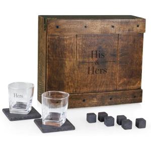 LEGACY – a Picnic Time brand Personalized Whiskey Box Gift Set, Includes Whiskey Glasses, Chillding Stones, and Stone Coasters, (Oak Wood)(His and Her)