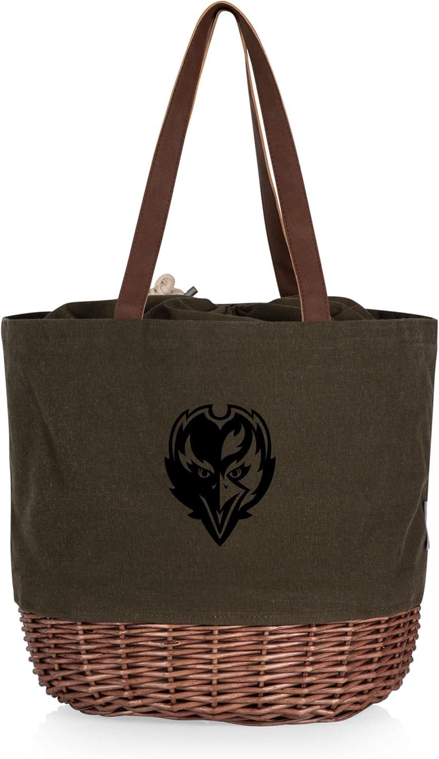 image:imagePICNIC TIME NFL Coronado Canvas and Willow Basket Tote Picnic Tote Bag Beach Tote Khaki Green with Beige AccentsBaltimore Ravens