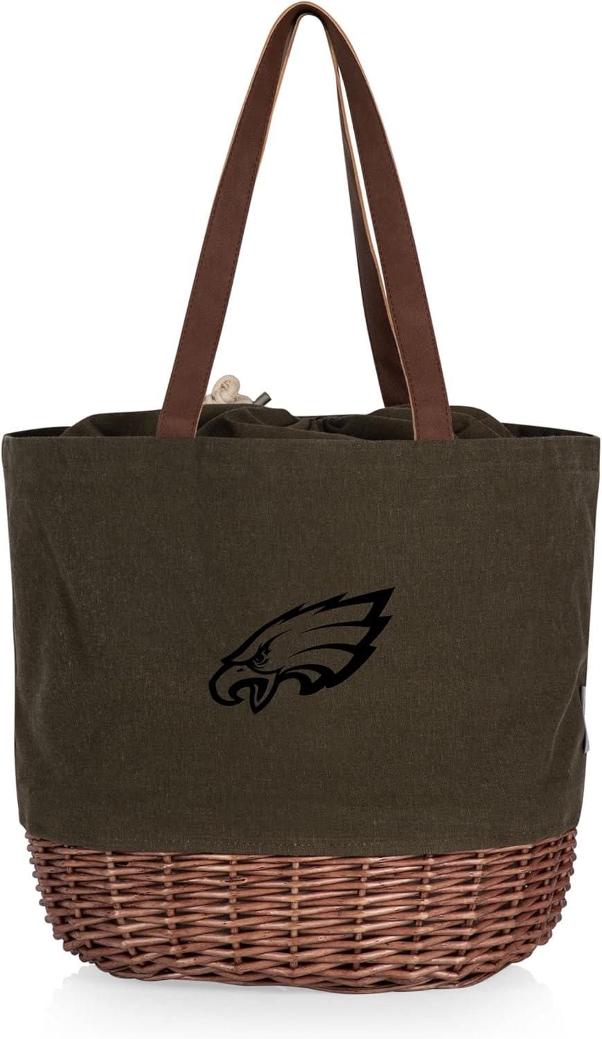 image:imagePICNIC TIME NFL Coronado Canvas and Willow Basket Tote Picnic Tote Bag Beach Tote Khaki Green with Beige AccentsPhiladelphia Eagles