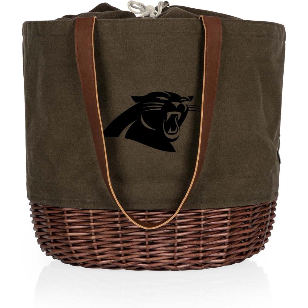 image:imagePICNIC TIME NFL Coronado Canvas and Willow Basket Tote Picnic Tote Bag Beach Tote Khaki Green with Beige AccentsCarolina Panthers