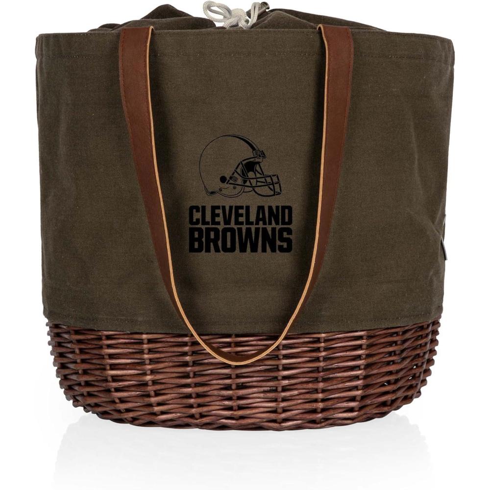 image:imagePICNIC TIME NFL Coronado Canvas and Willow Basket Tote Picnic Tote Bag Beach Tote Khaki Green with Beige AccentsCleveland Browns