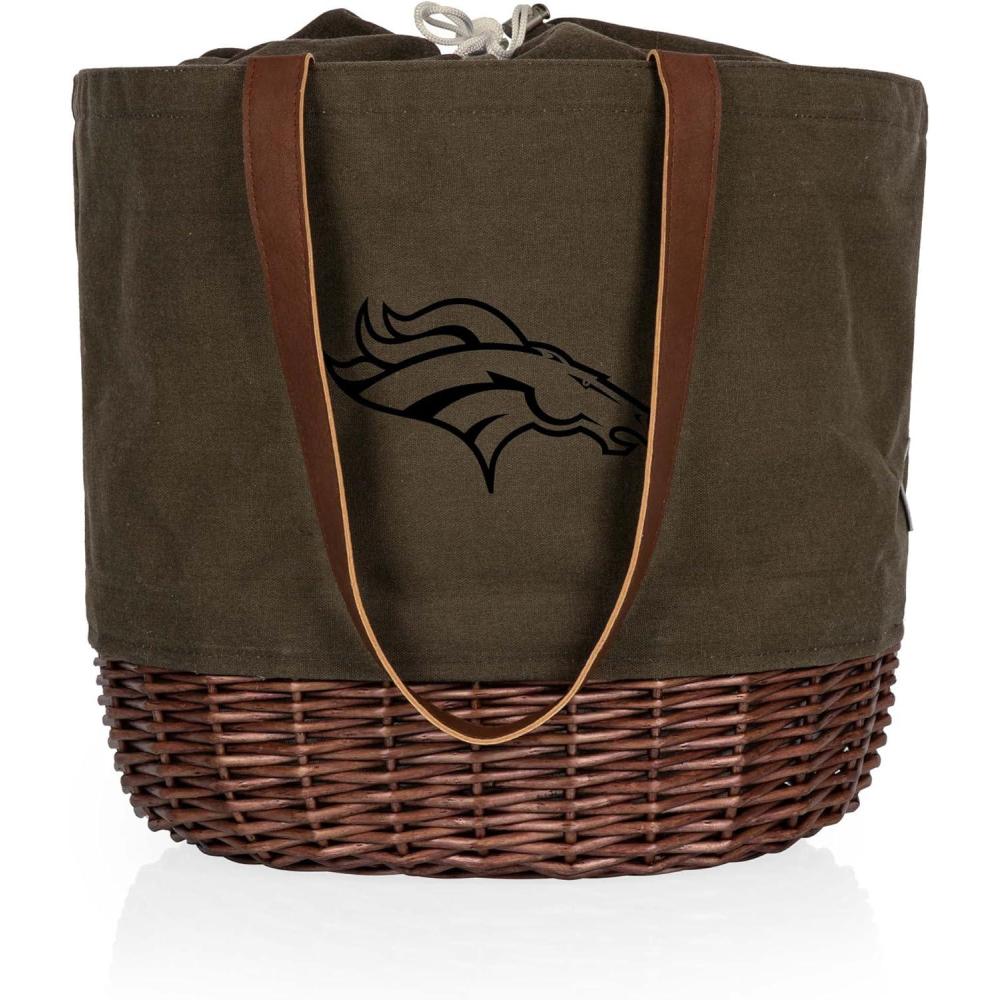 image:imagePICNIC TIME NFL Coronado Canvas and Willow Basket Tote Picnic Tote Bag Beach Tote Khaki Green with Beige AccentsDenver Broncos