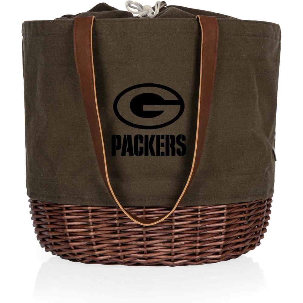 image:imagePICNIC TIME NFL Coronado Canvas and Willow Basket Tote Picnic Tote Bag Beach Tote Khaki Green with Beige AccentsGreen Bay Packers