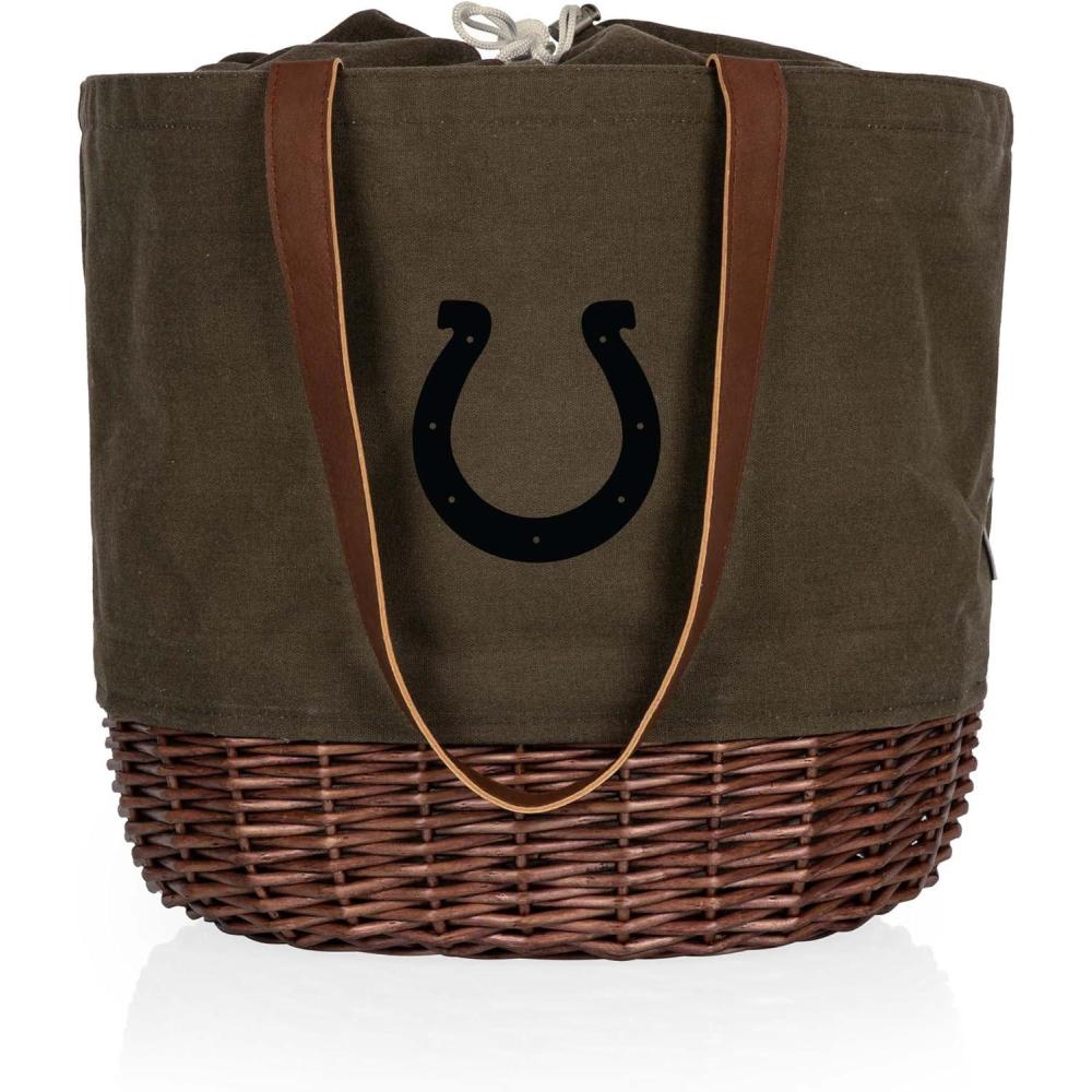 image:imagePICNIC TIME NFL Coronado Canvas and Willow Basket Tote Picnic Tote Bag Beach Tote Khaki Green with Beige AccentsIndianapolis Colts