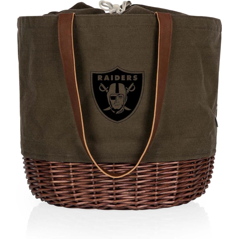 image:imagePICNIC TIME NFL Coronado Canvas and Willow Basket Tote Picnic Tote Bag Beach Tote Khaki Green with Beige AccentsLas Vegas Raiders