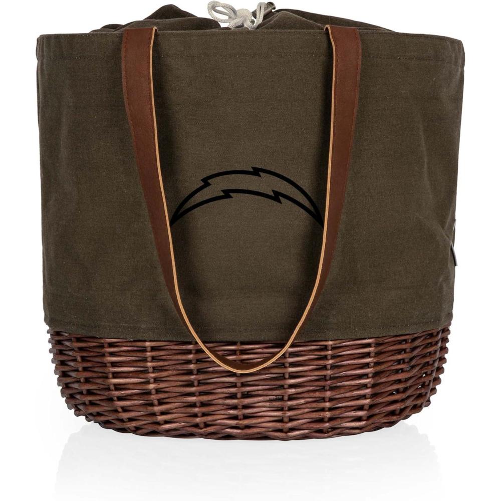 image:imagePICNIC TIME NFL Coronado Canvas and Willow Basket Tote Picnic Tote Bag Beach Tote Khaki Green with Beige AccentsLos Angeles Chargers